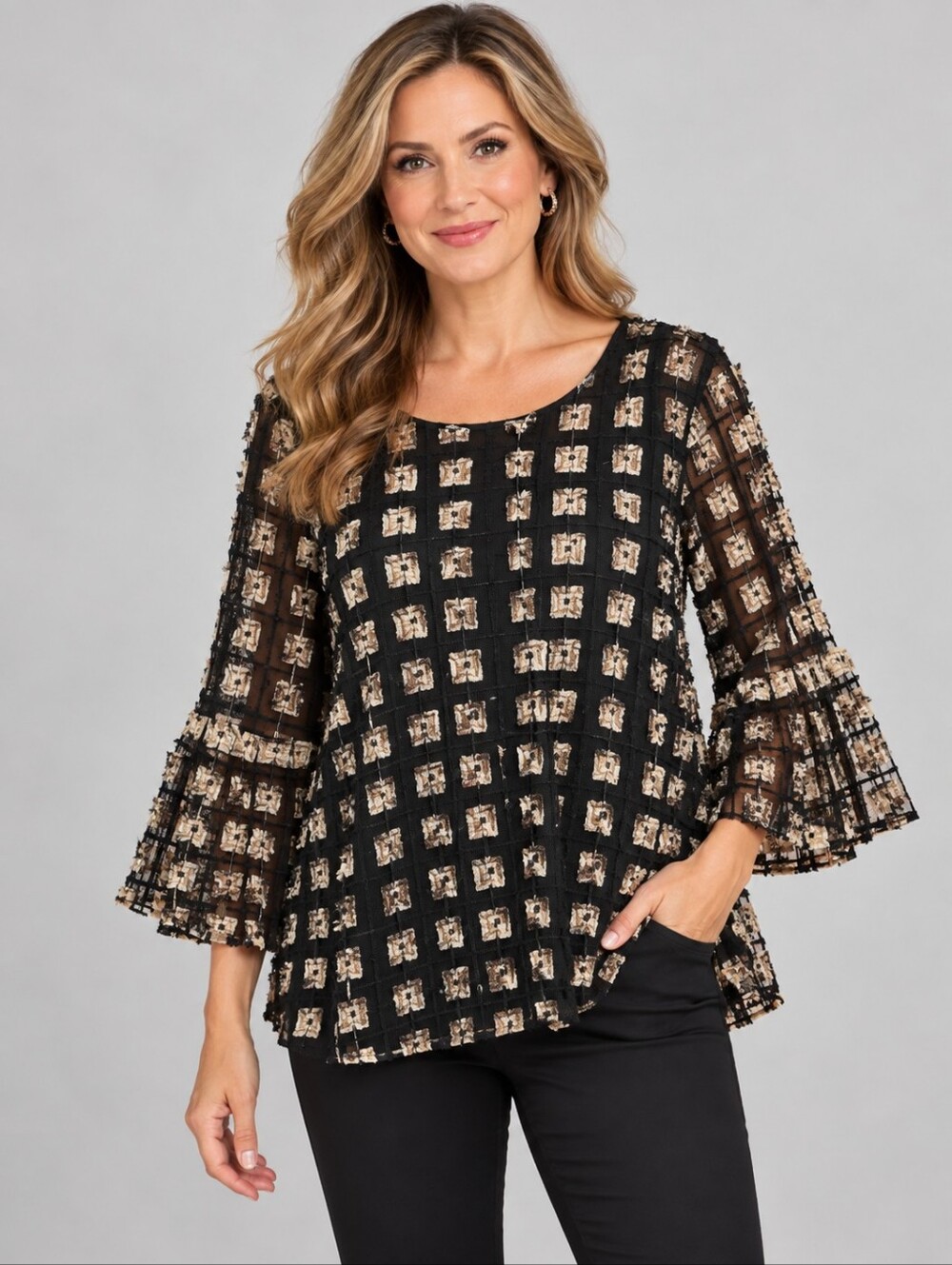 CALVIN KLEIN Sheer Mesh Overlay Geometric Bell Sleeve Castlecore Party Blouse